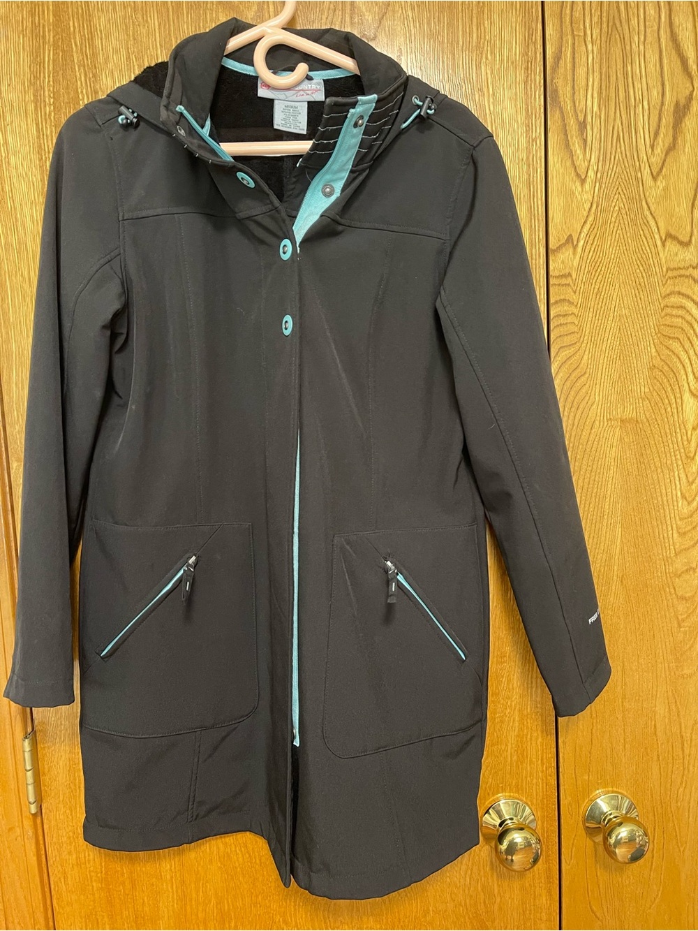Free Country Black Trench Coat with Aqua Trim